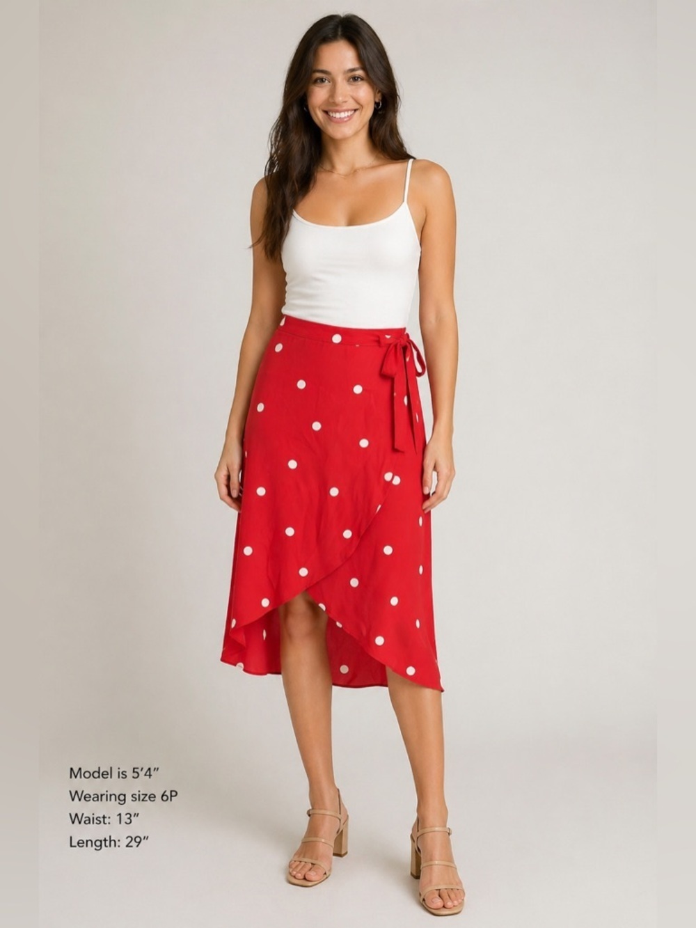 LOFT Red Polka Dot Wrap Skirt Size 6P Petite Tie Waist Midi Flowy